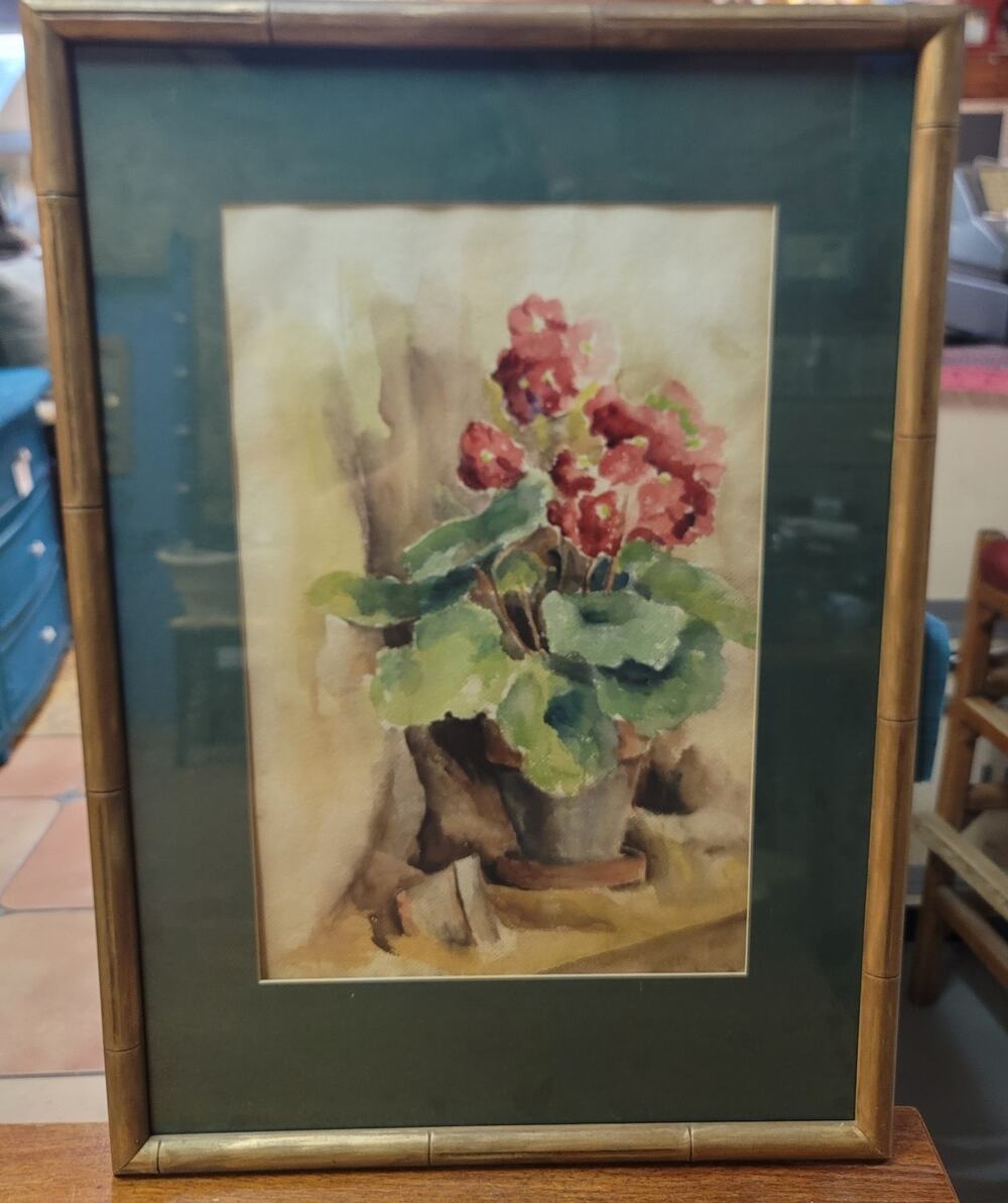 MCM Watercolor Matted Floral Still life under Glass Gold Bamboo 60's Frame
